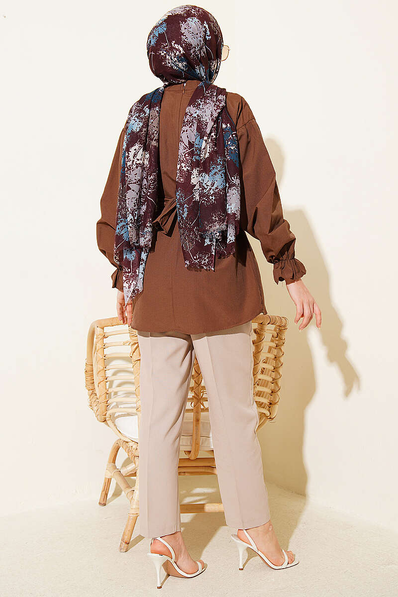 Belted Poplin Tunic with Elastic Cuffs - Brown