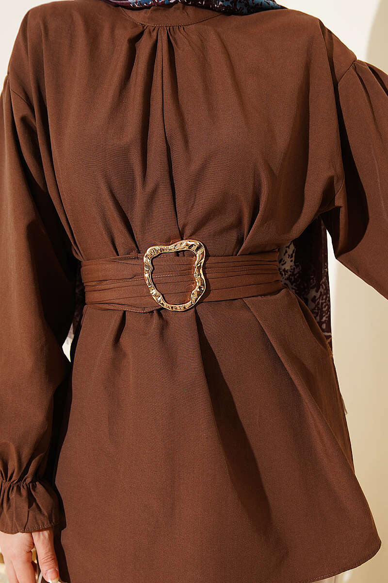Belted Poplin Tunic with Elastic Cuffs - Brown