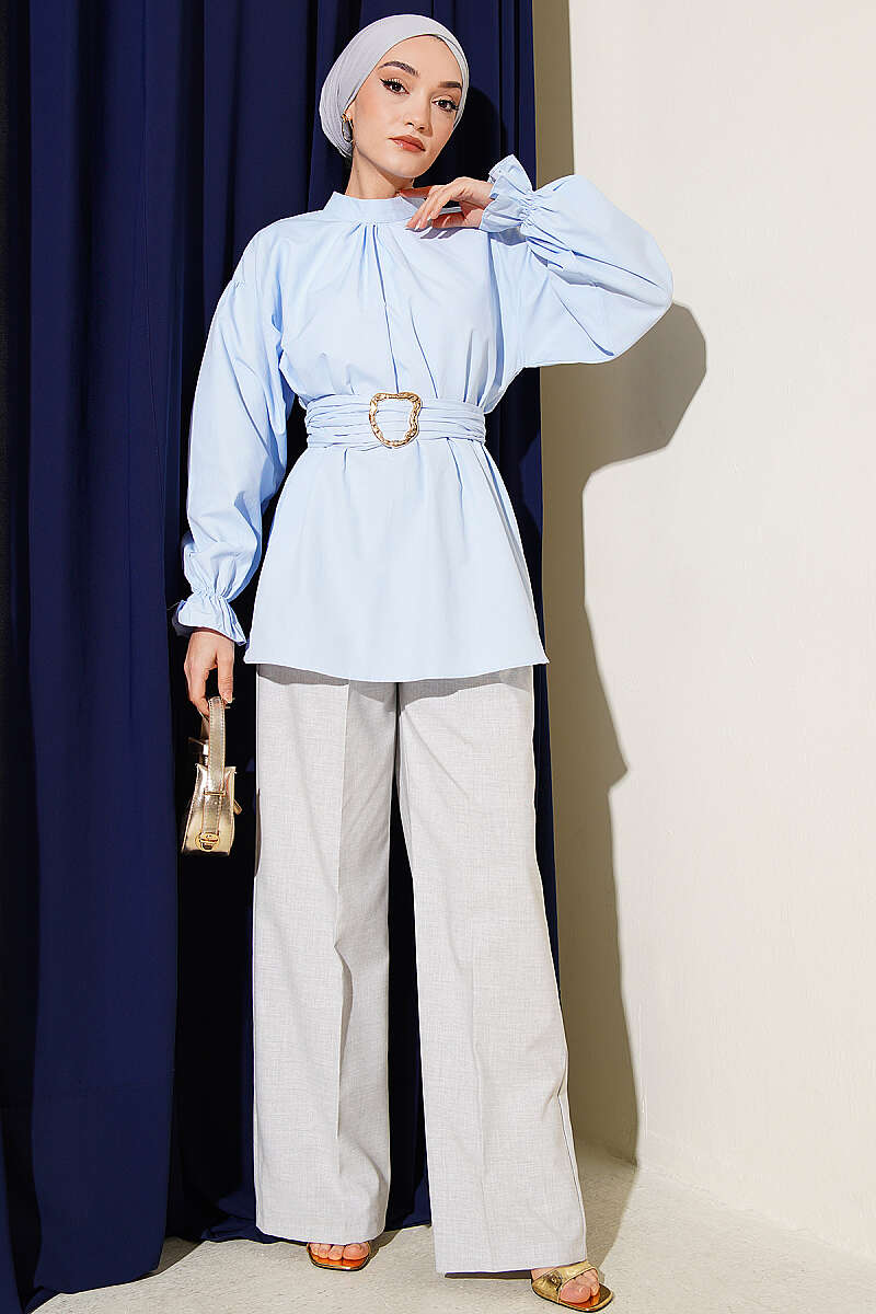 Belted Poplin Tunic with Elastic Cuffs - Blue