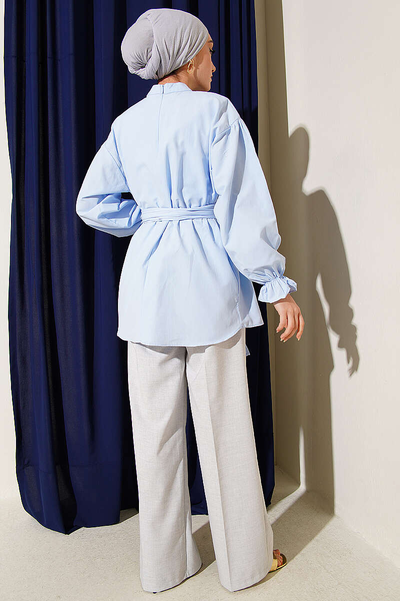 Belted Poplin Tunic with Elastic Cuffs - Blue