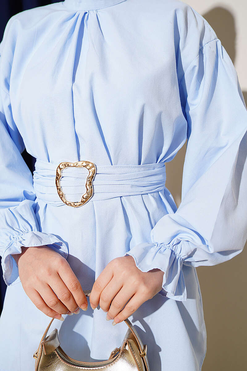 Belted Poplin Tunic with Elastic Cuffs - Blue
