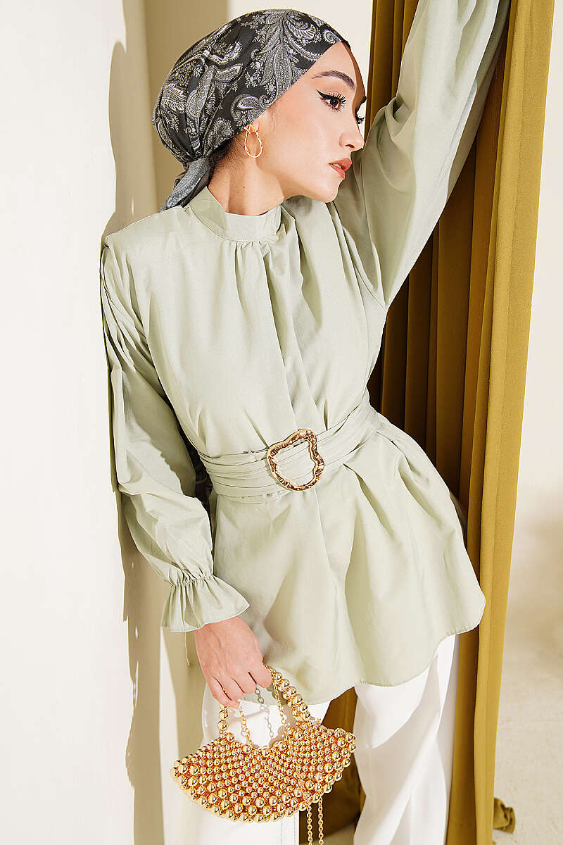 Belted Poplin Tunic with Elastic Cuffs - Mint