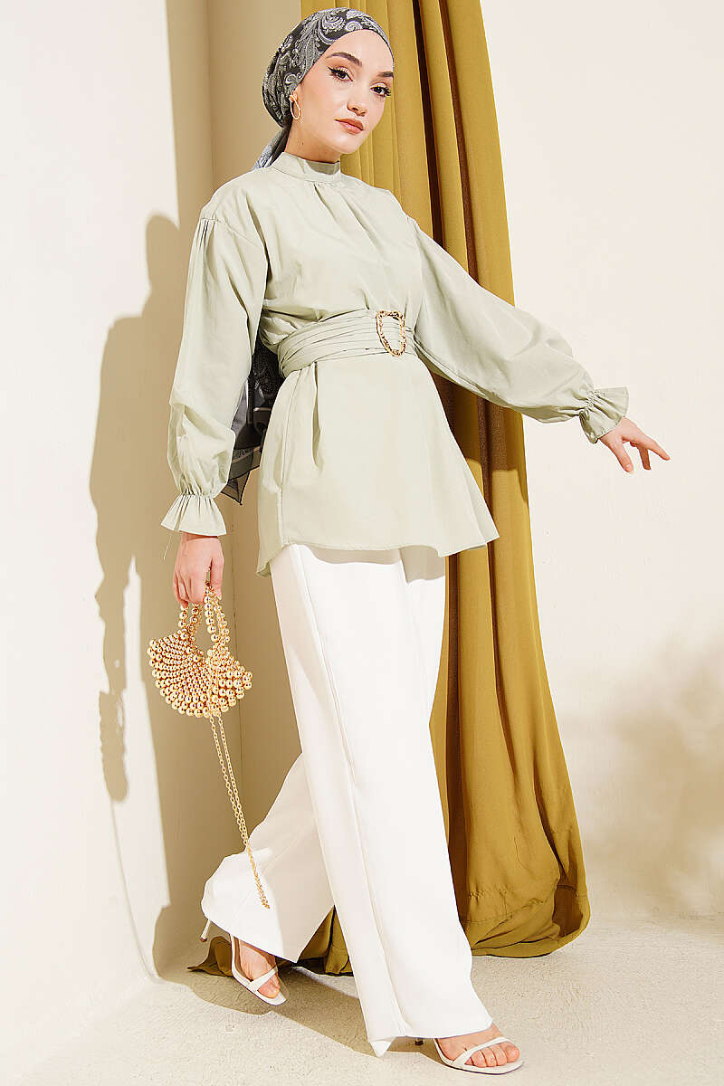 Belted Poplin Tunic with Elastic Cuffs - Mint