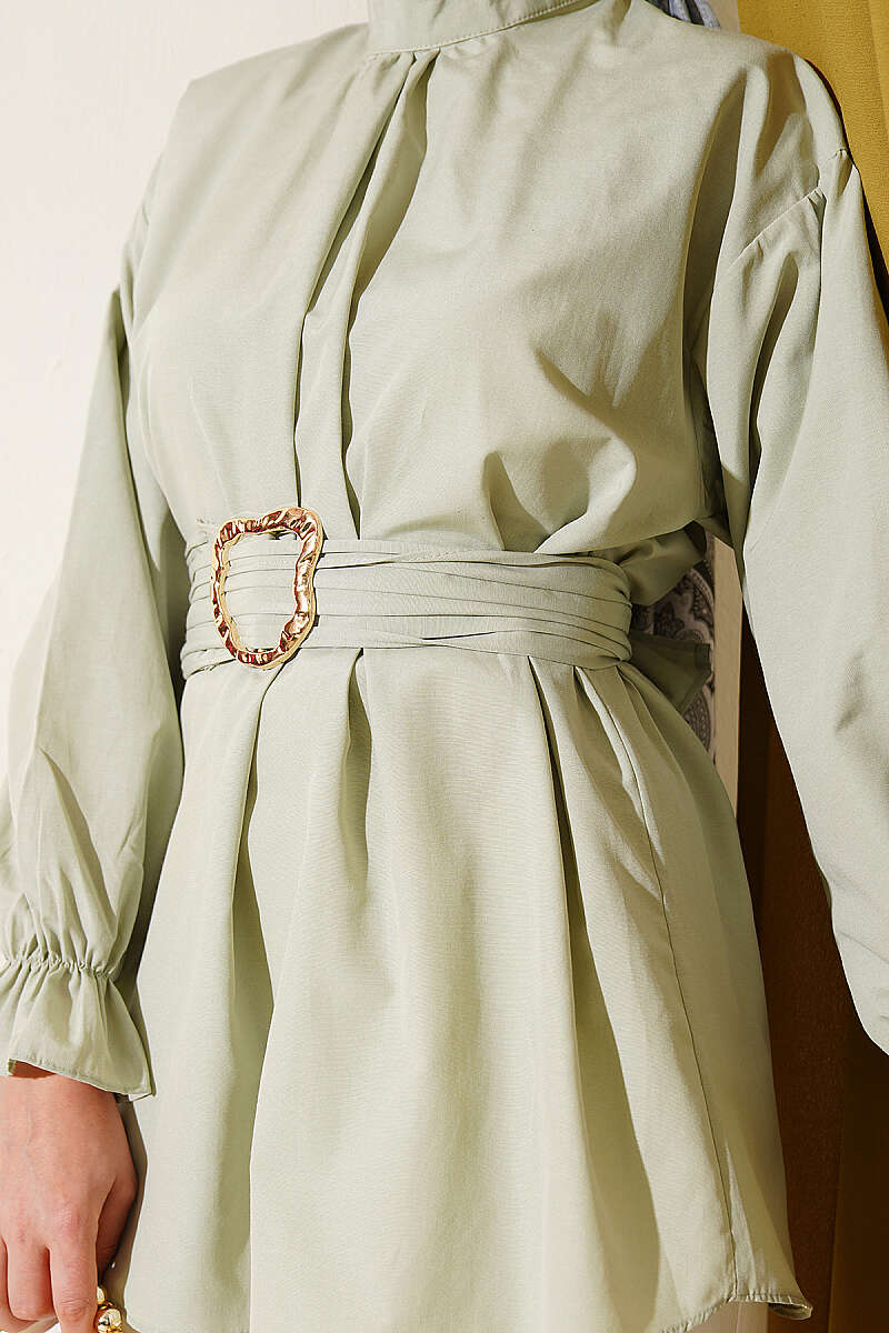 Belted Poplin Tunic with Elastic Cuffs - Mint