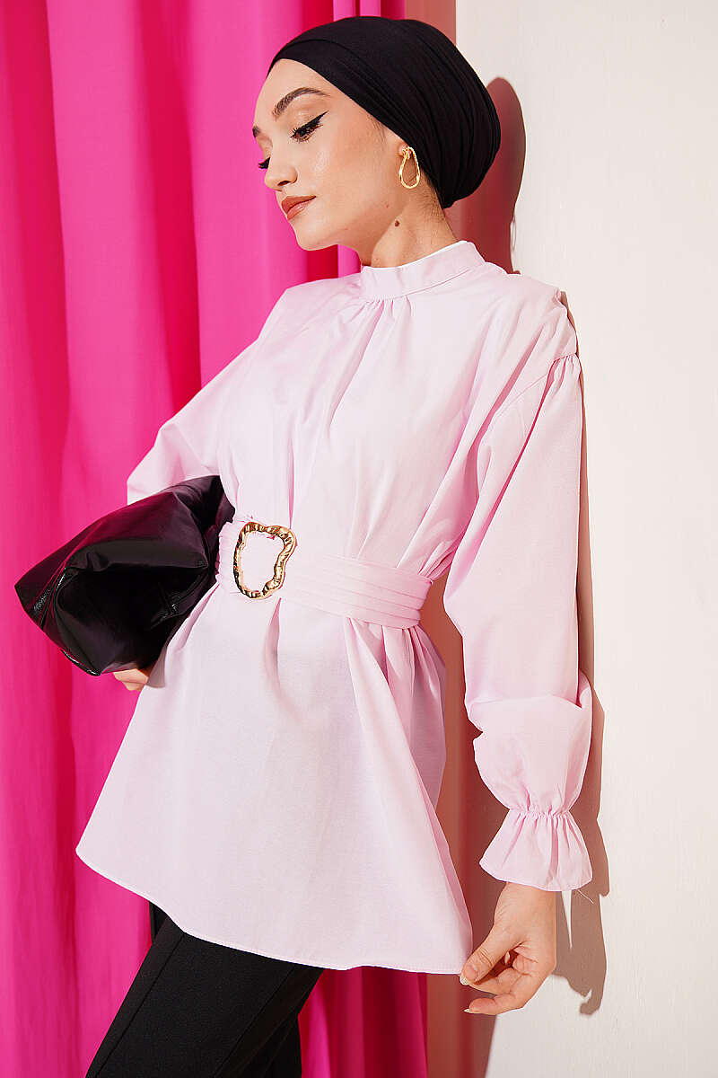 Belted Poplin Tunic with Elastic Cuffs - Pink