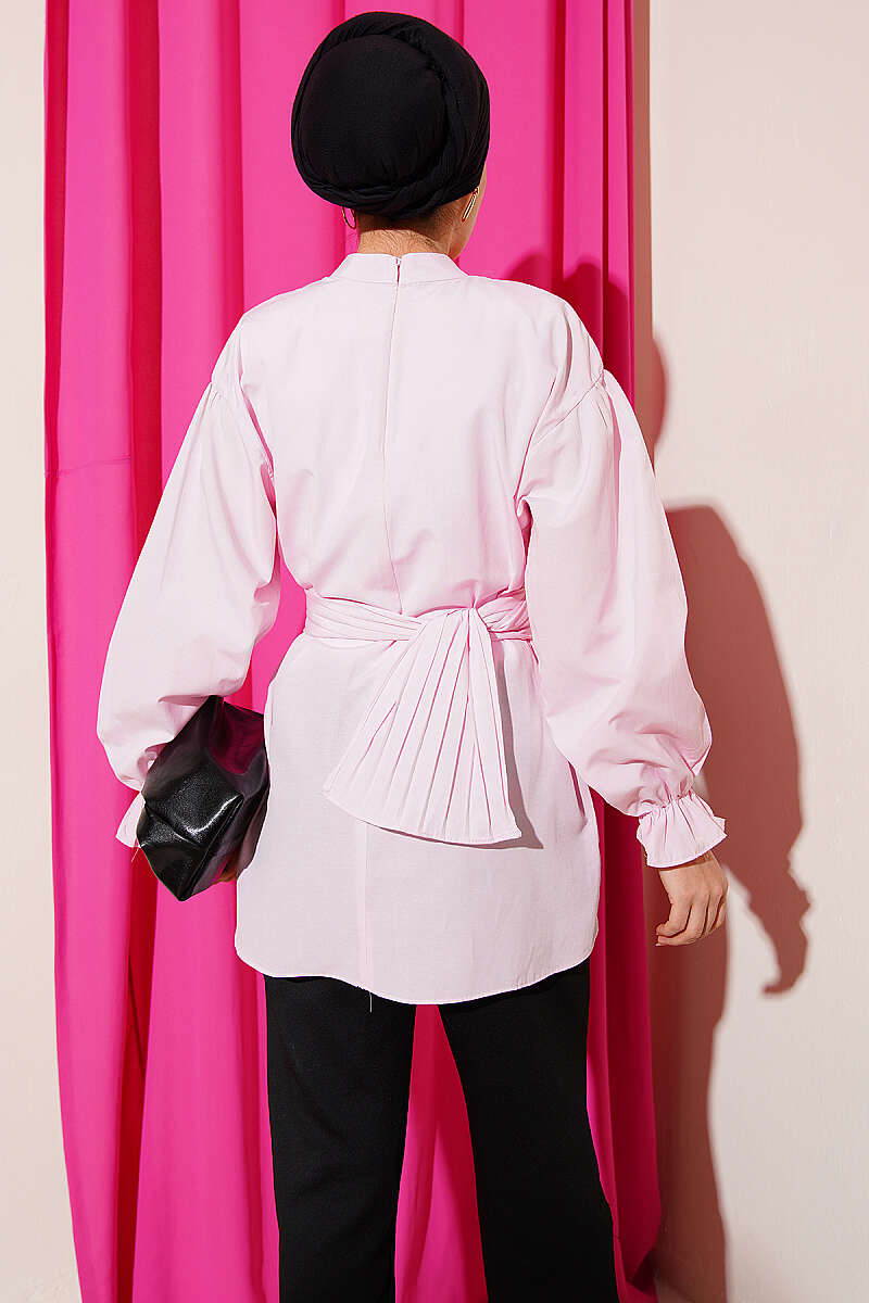 Belted Poplin Tunic with Elastic Cuffs - Pink