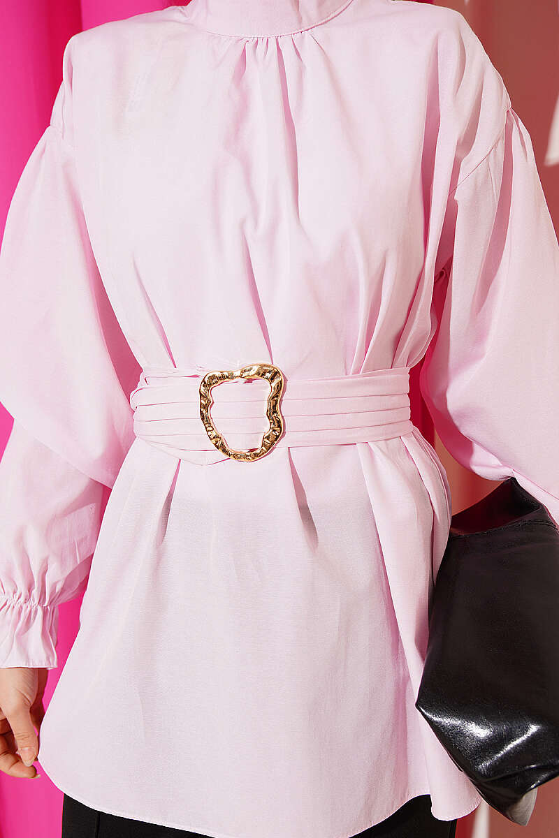 Belted Poplin Tunic with Elastic Cuffs - Pink