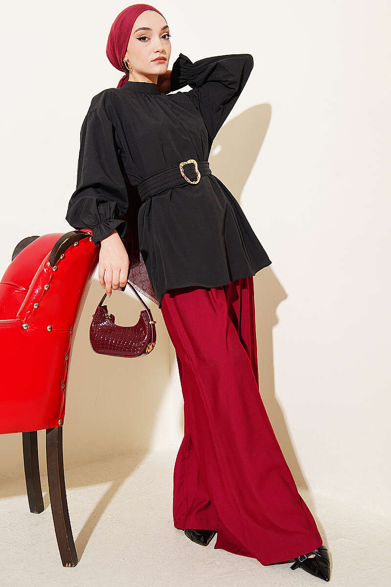 Belted Poplin Tunic with Elastic Cuffs - Black