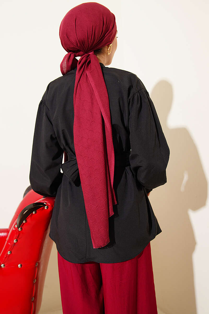 Belted Poplin Tunic with Elastic Cuffs - Black