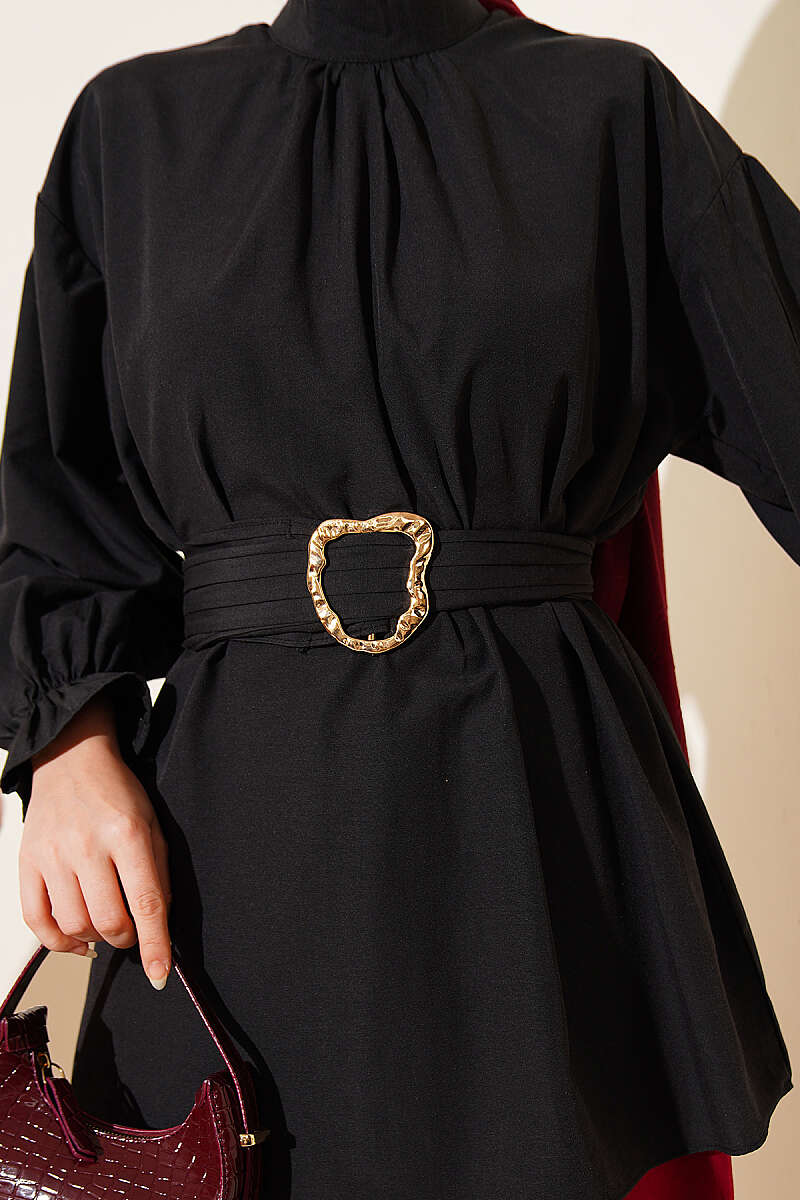 Belted Poplin Tunic with Elastic Cuffs - Black