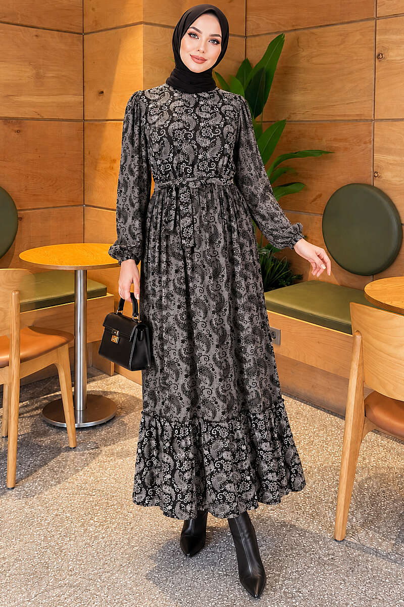 Ethnic Print Dress with Elastic Cuffs - Smoke Grey
