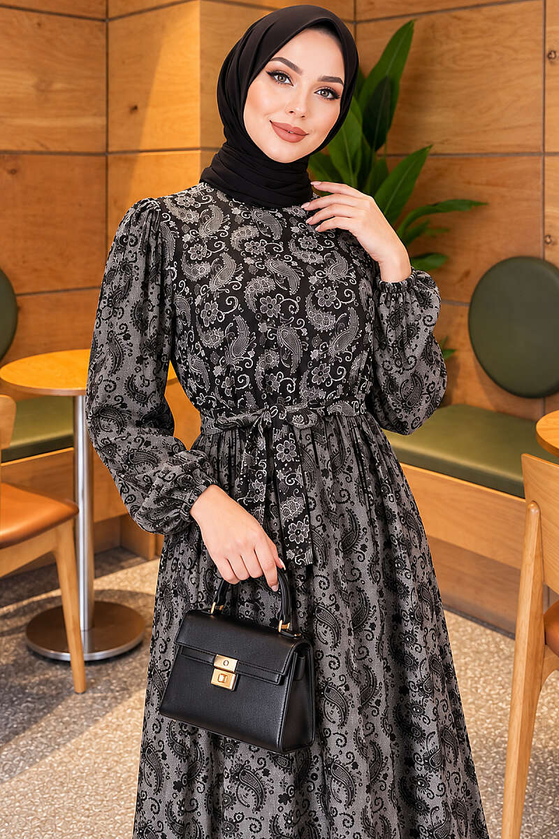 Ethnic Print Dress with Elastic Cuffs - Smoke Grey