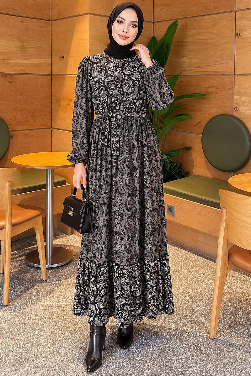 Ethnic Print Dress with Elastic Cuffs - Smoke Grey