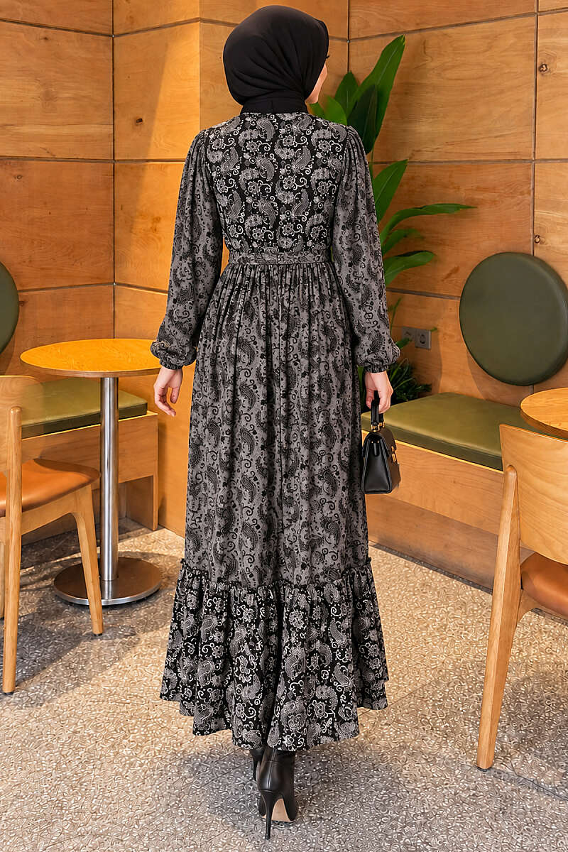 Ethnic Print Dress with Elastic Cuffs - Smoke Grey