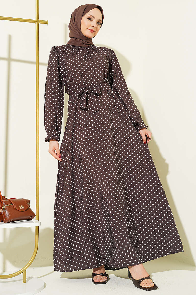 Belted Polka Dot Dress with Elastic Cuffs - Dark Brown