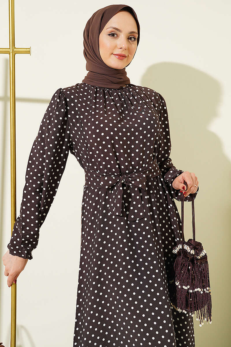 Belted Polka Dot Dress with Elastic Cuffs - Dark Brown