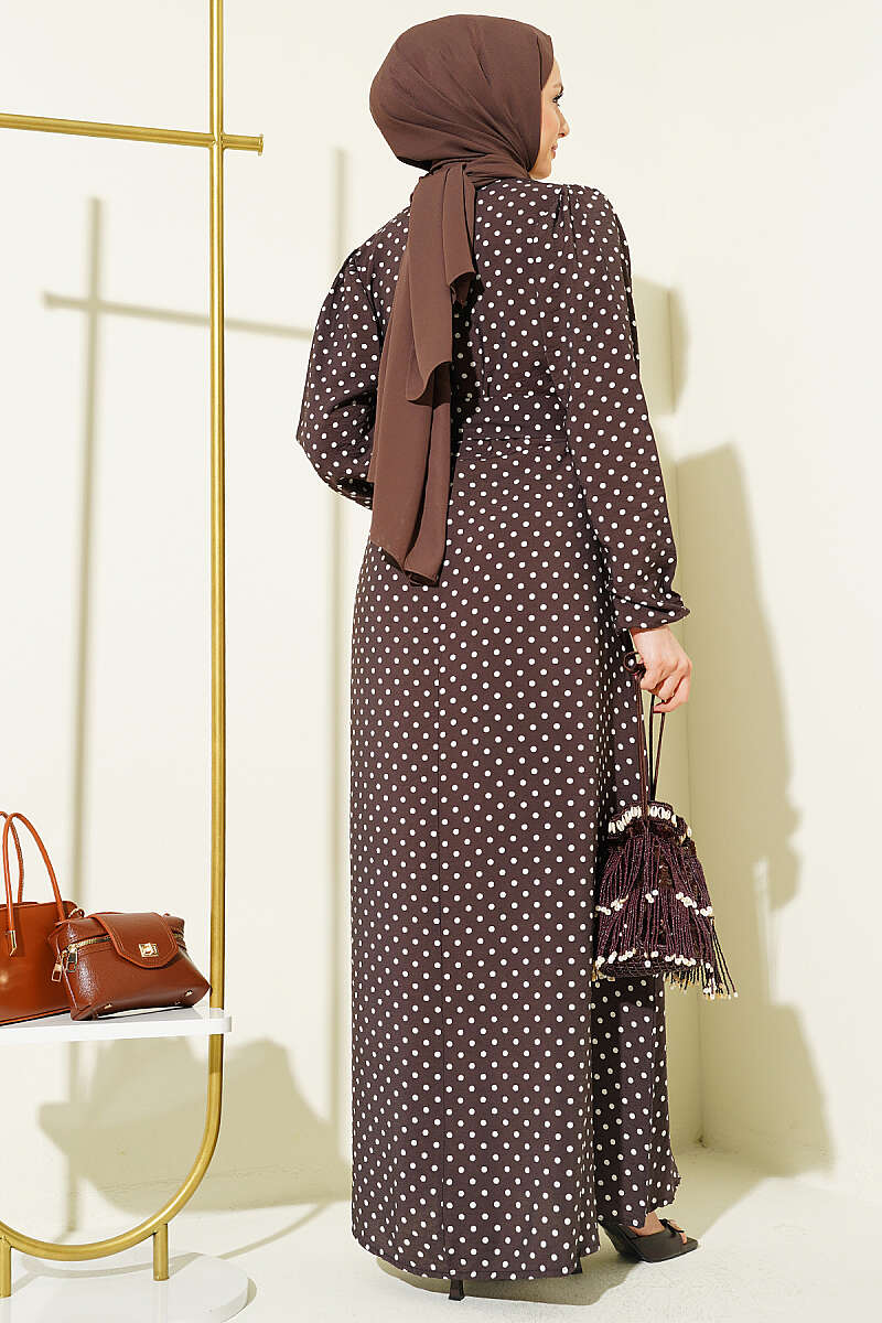 Belted Polka Dot Dress with Elastic Cuffs - Dark Brown
