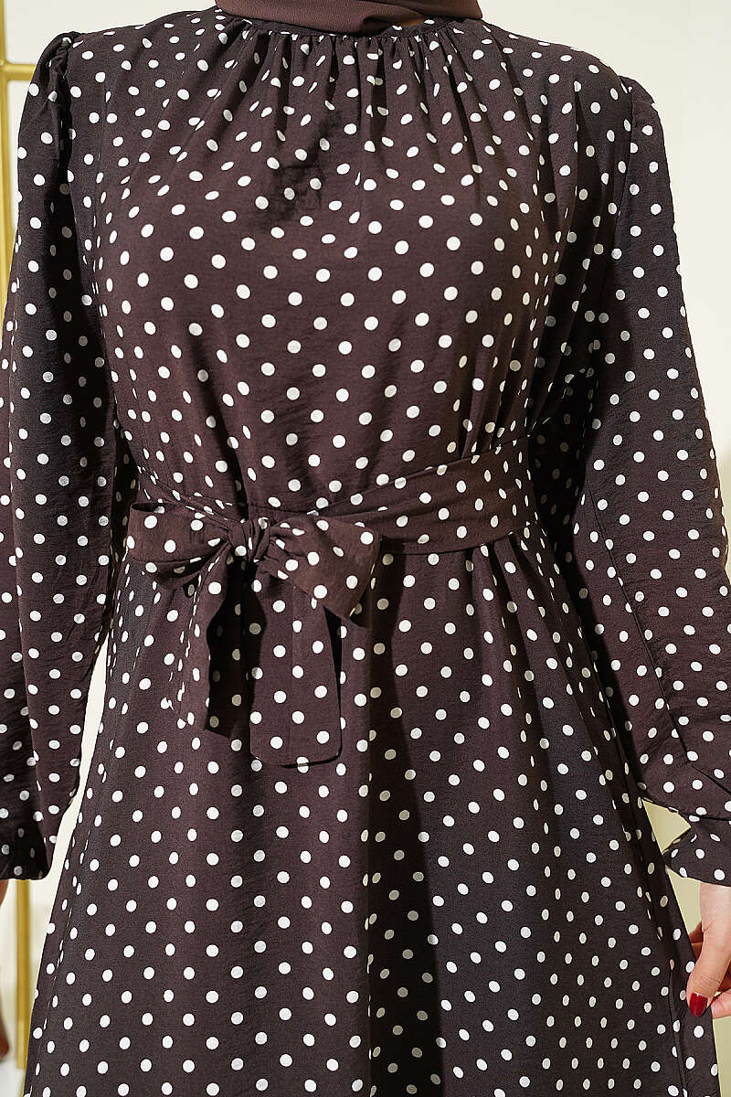 Belted Polka Dot Dress with Elastic Cuffs - Dark Brown