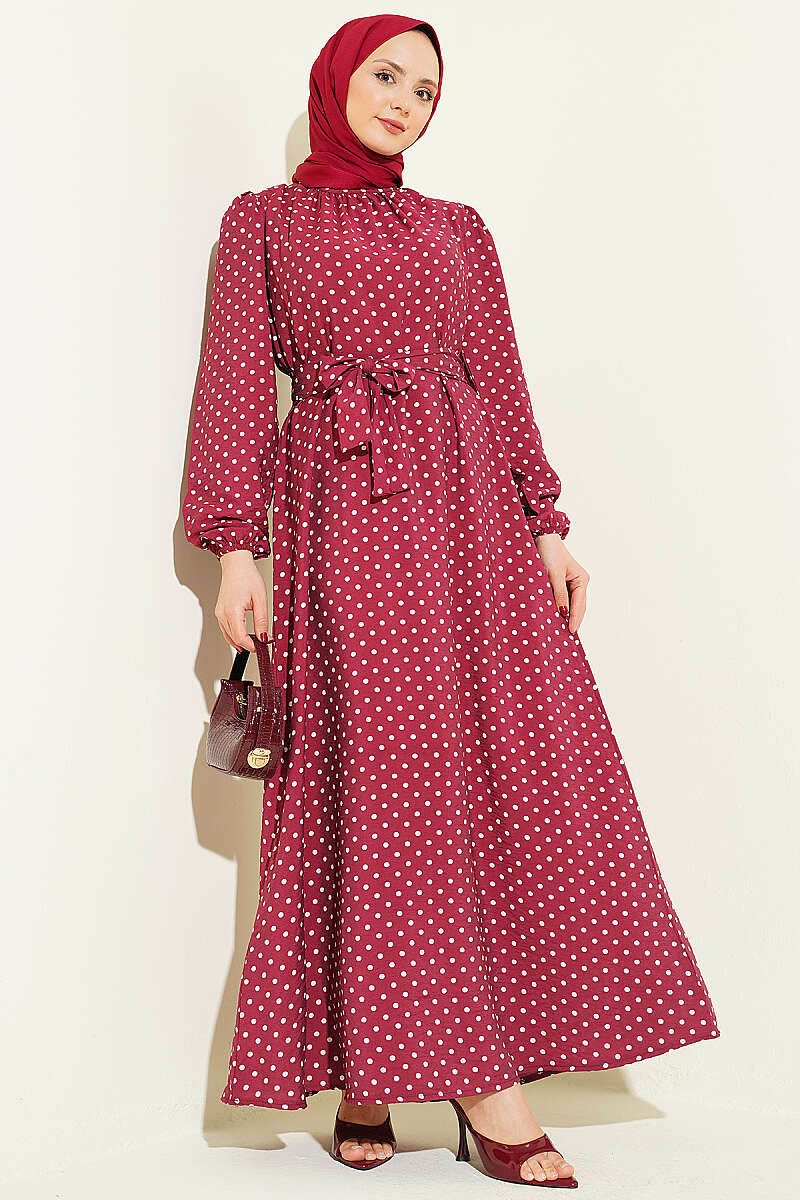 Belted Polka Dot Dress with Elastic Cuffs - Burgundy