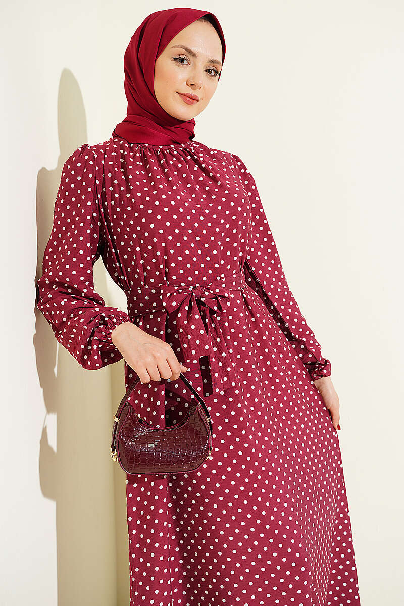 Belted Polka Dot Dress with Elastic Cuffs - Burgundy