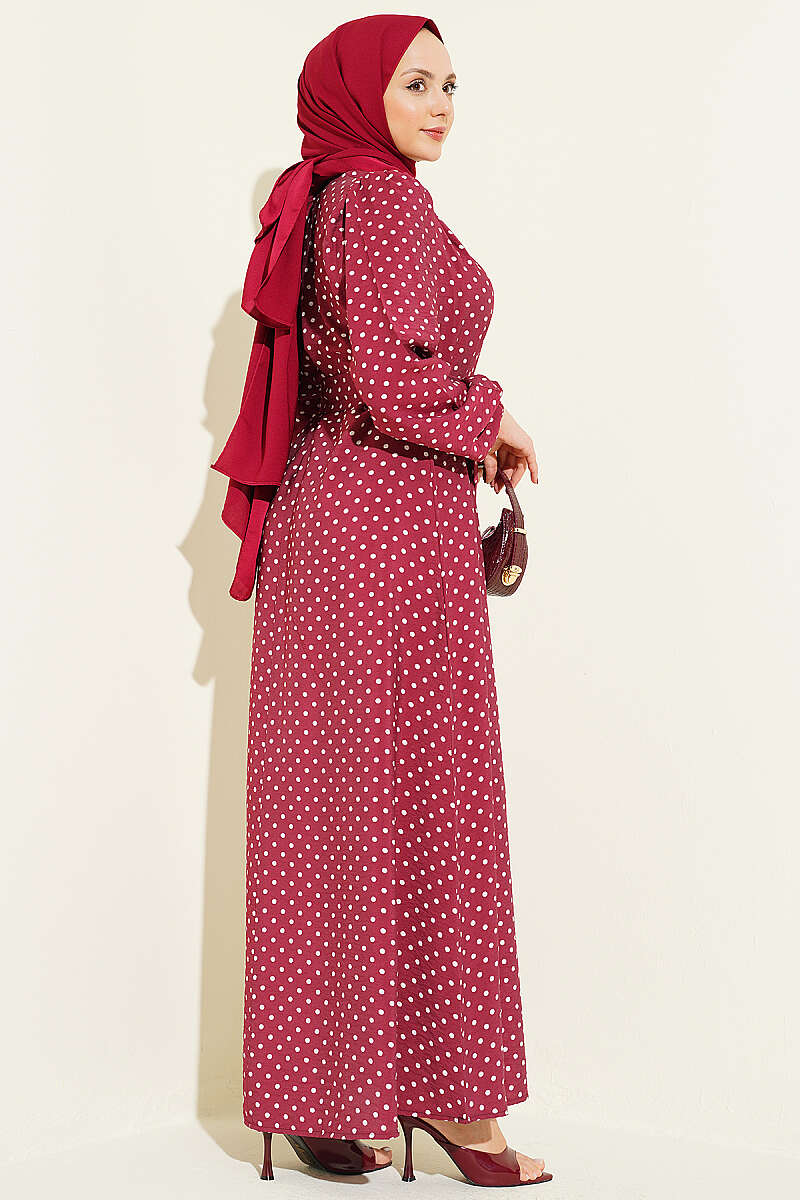 Belted Polka Dot Dress with Elastic Cuffs - Burgundy