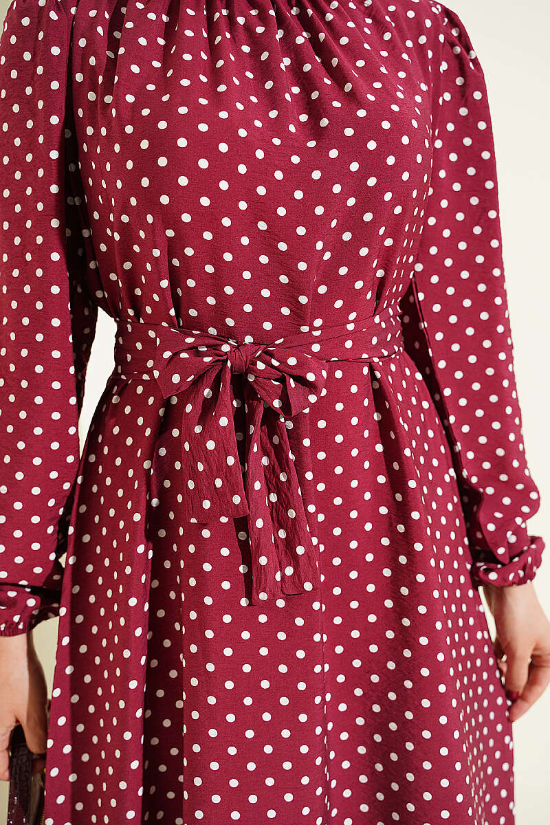 Belted Polka Dot Dress with Elastic Cuffs - Burgundy
