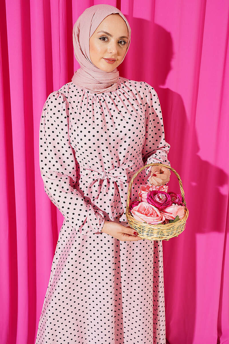Belted Polka Dot Dress with Elastic Cuffs - Pink