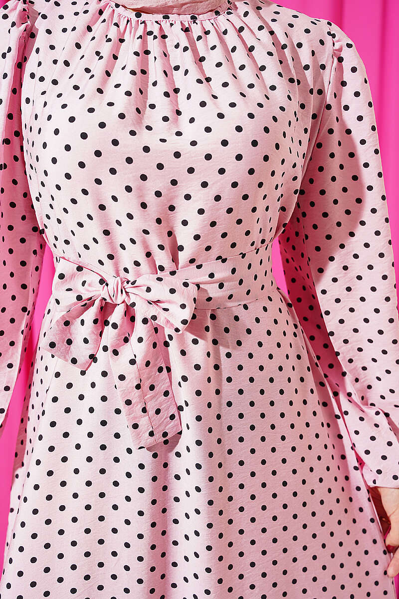 Belted Polka Dot Dress with Elastic Cuffs - Pink