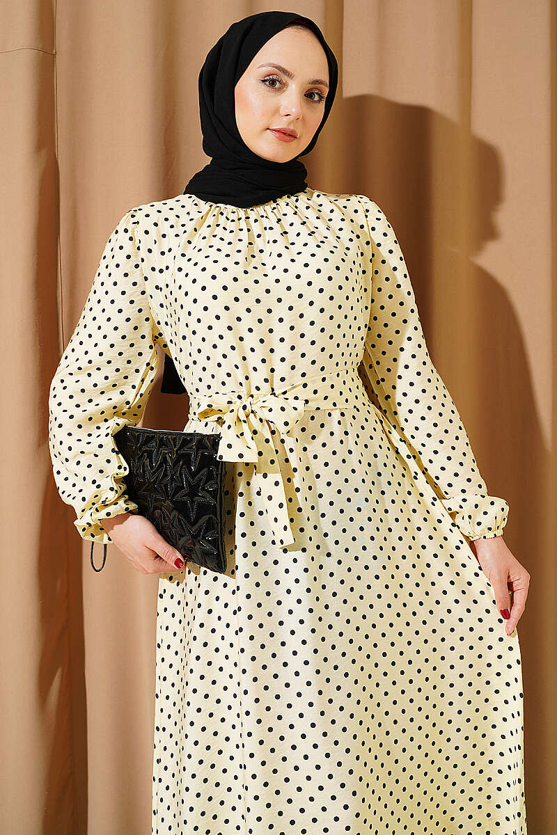 Belted Polka Dot Dress with Elastic Cuffs - Yellow