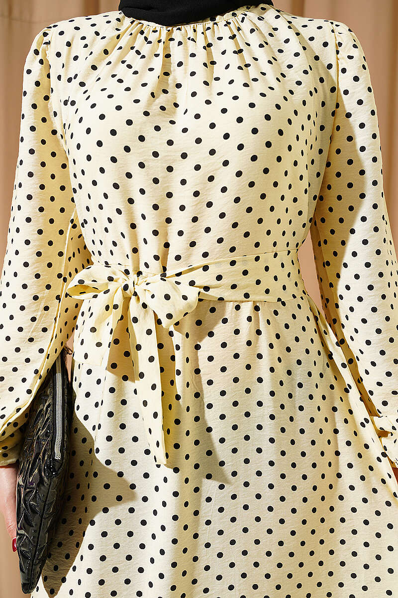 Belted Polka Dot Dress with Elastic Cuffs - Yellow