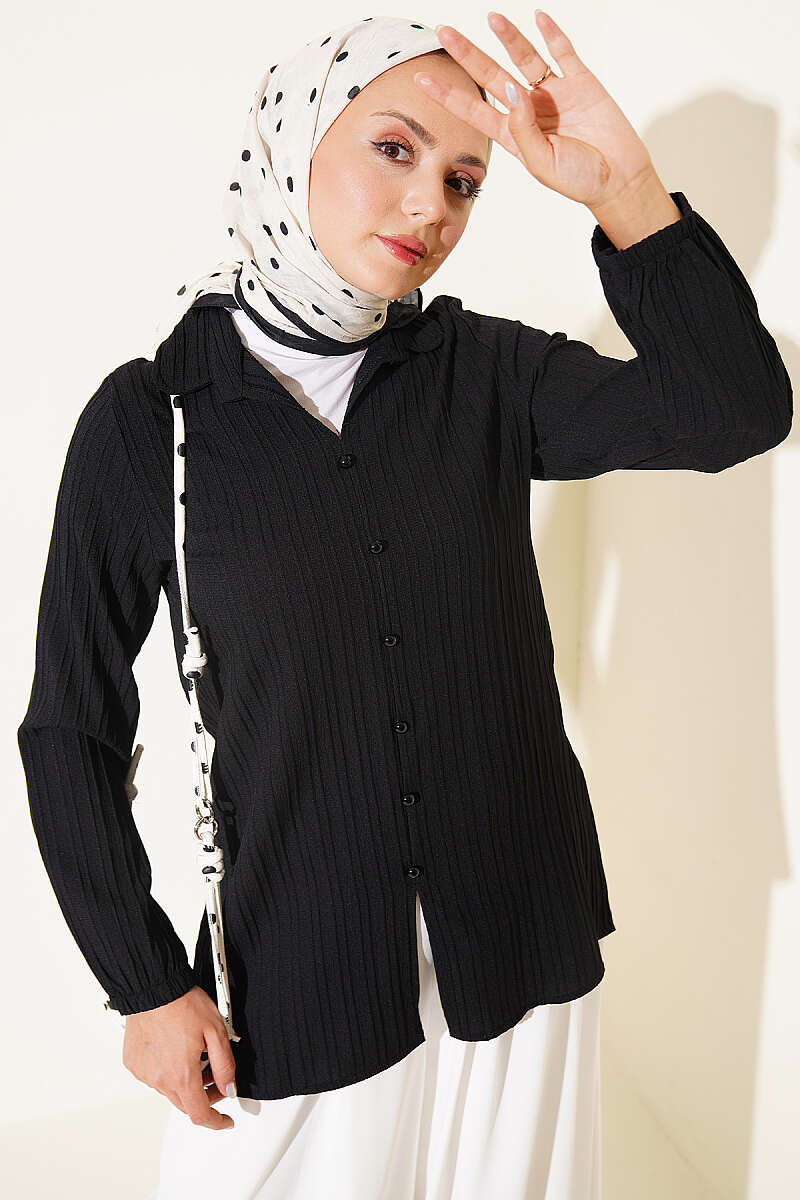 Shirt with Ball Buttons and Elastic Cuffs - Black
