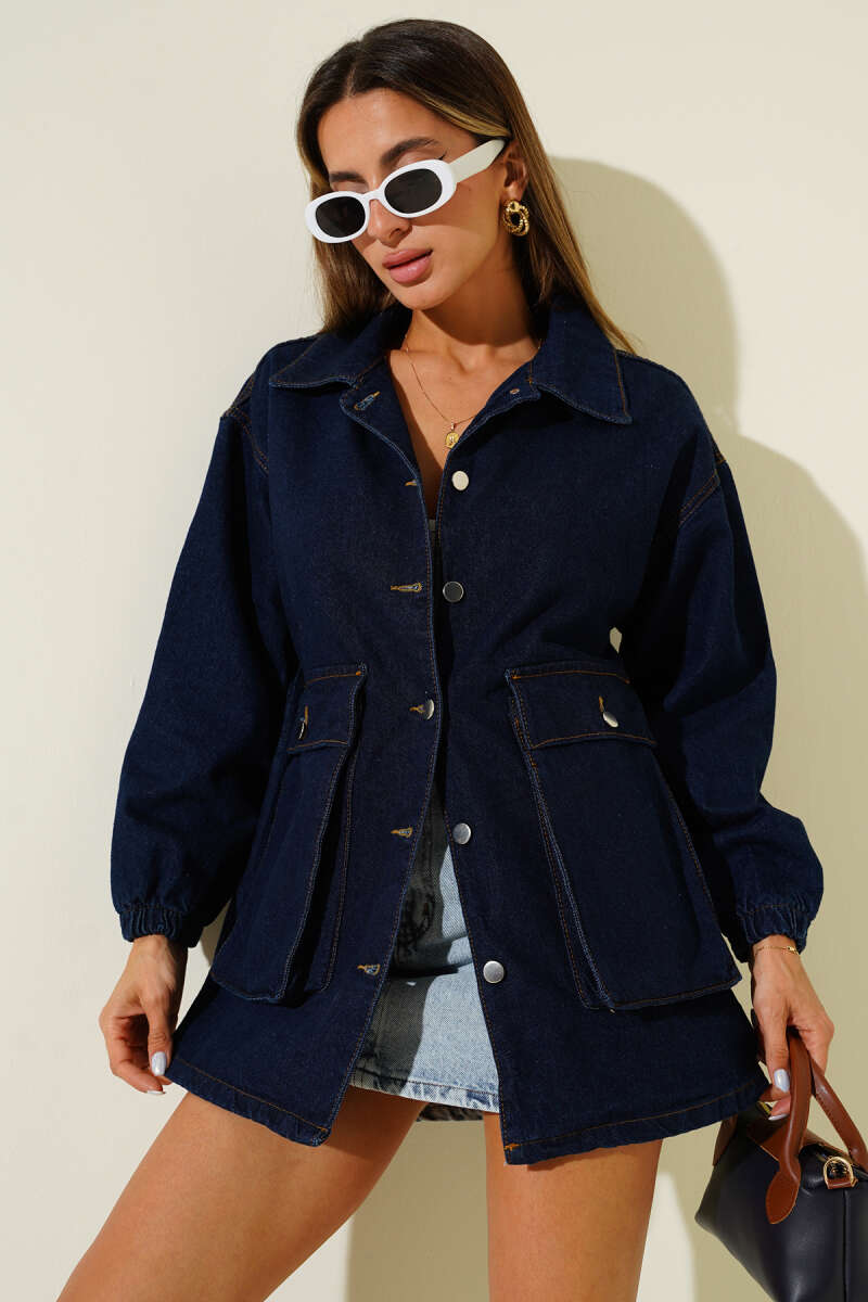 Denim Jacket with Patch Pockets and Elastic Cuffs - Navy