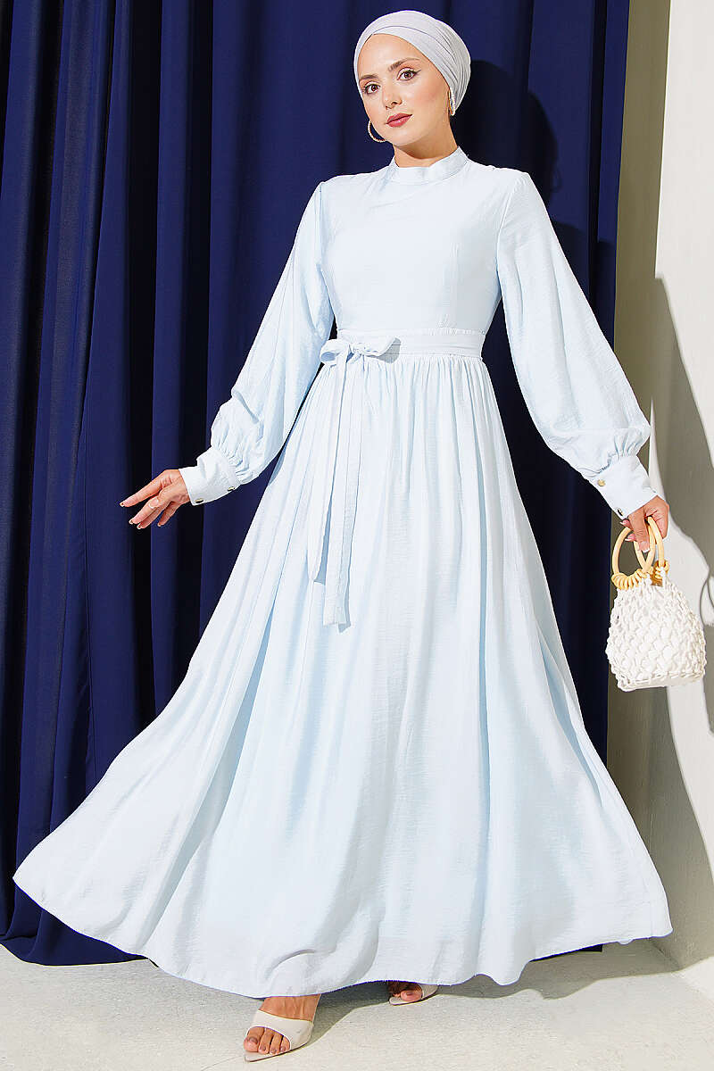 Belted Flared Dress with Cuffed Sleeves - Ice Blue