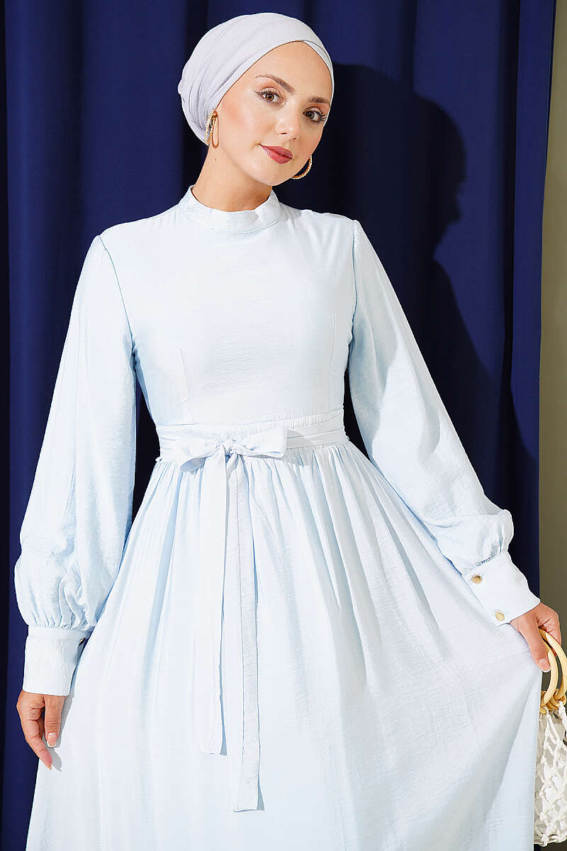 Belted Flared Dress with Cuffed Sleeves - Ice Blue