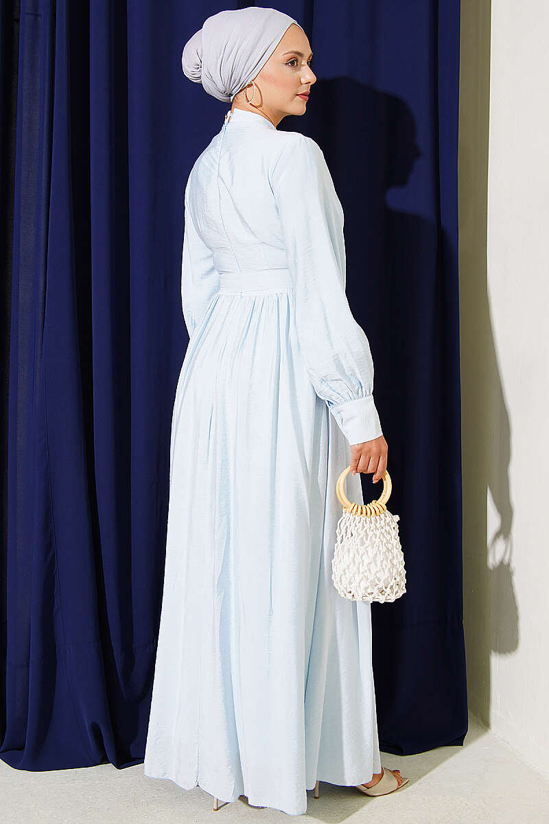 Belted Flared Dress with Cuffed Sleeves - Ice Blue