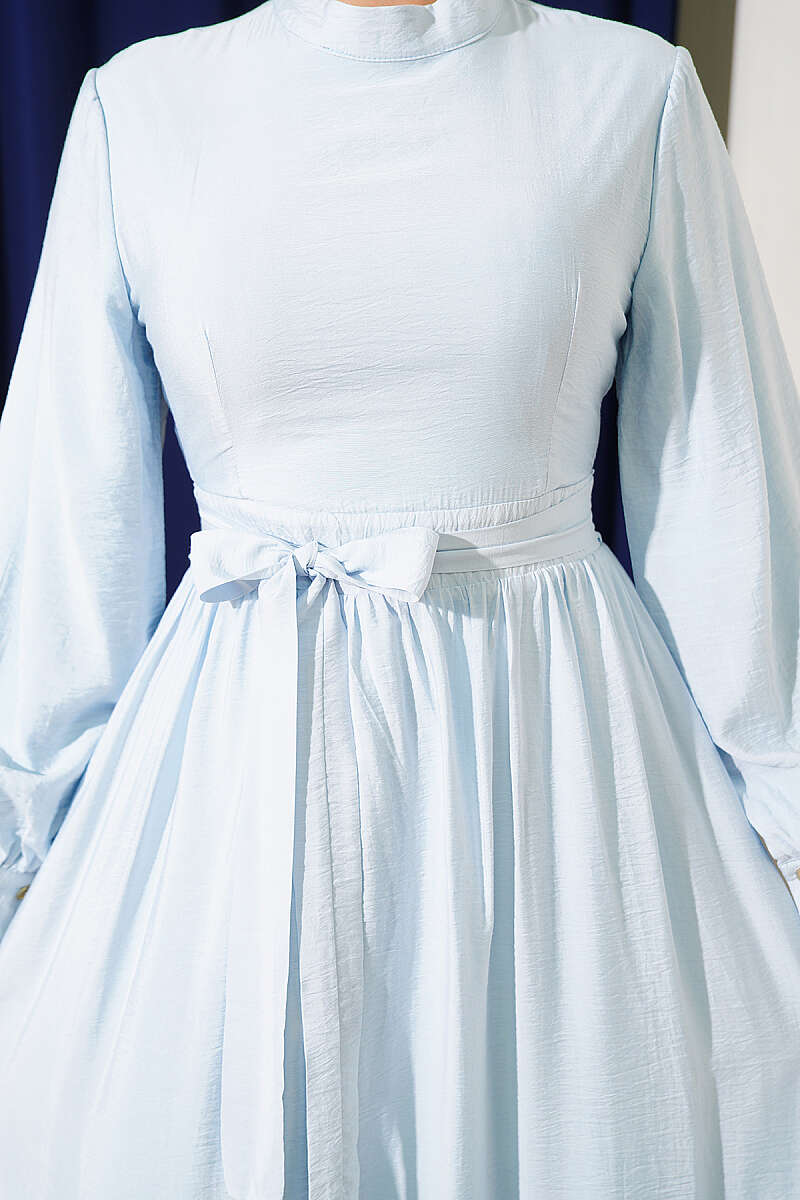 Belted Flared Dress with Cuffed Sleeves - Ice Blue