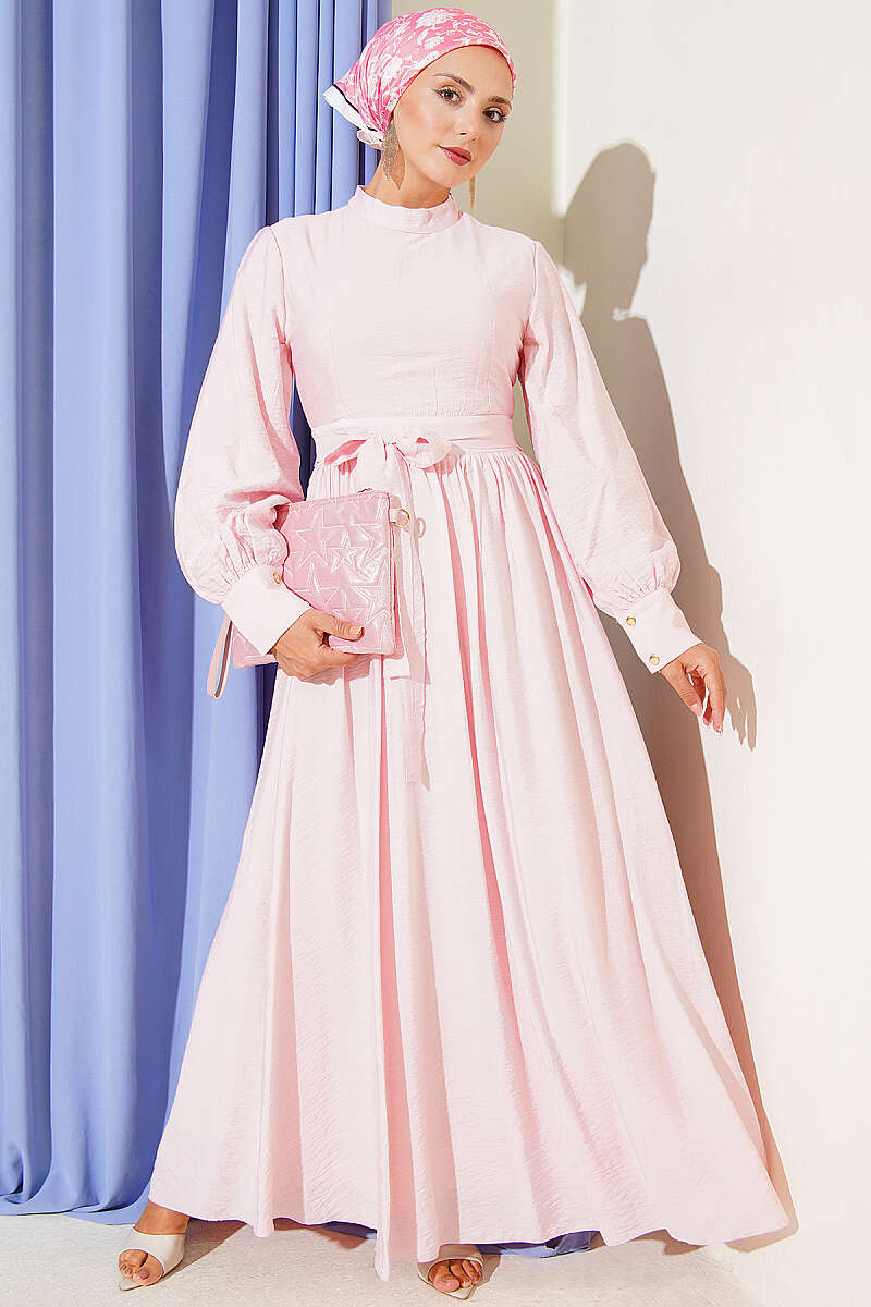Belted Flared Dress with Cuffed Sleeves - Pink