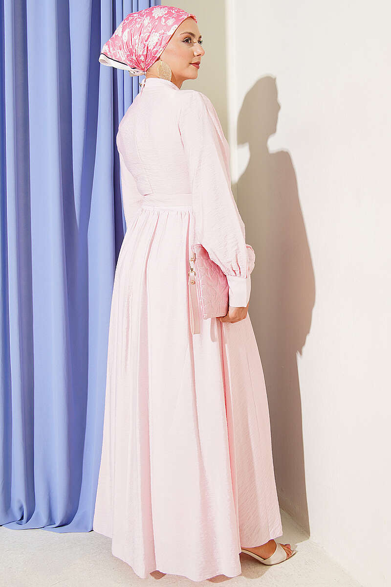 Belted Flared Dress with Cuffed Sleeves - Pink