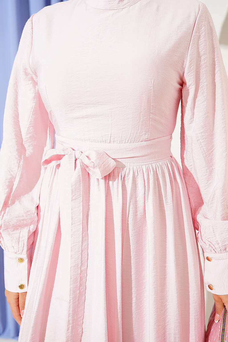 Belted Flared Dress with Cuffed Sleeves - Pink