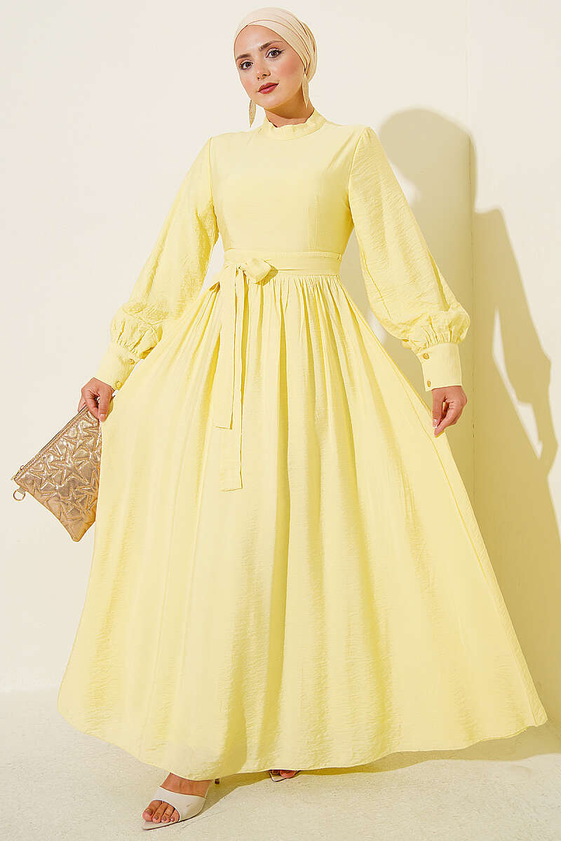 Belted Flared Dress with Cuffed Sleeves - Yellow