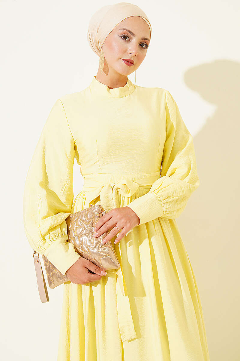 Belted Flared Dress with Cuffed Sleeves - Yellow