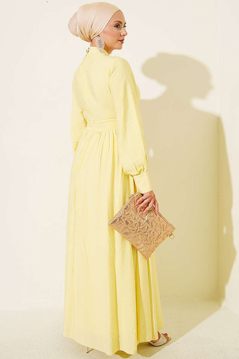 Belted Flared Dress with Cuffed Sleeves - Yellow