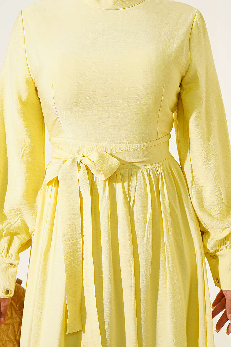Belted Flared Dress with Cuffed Sleeves - Yellow