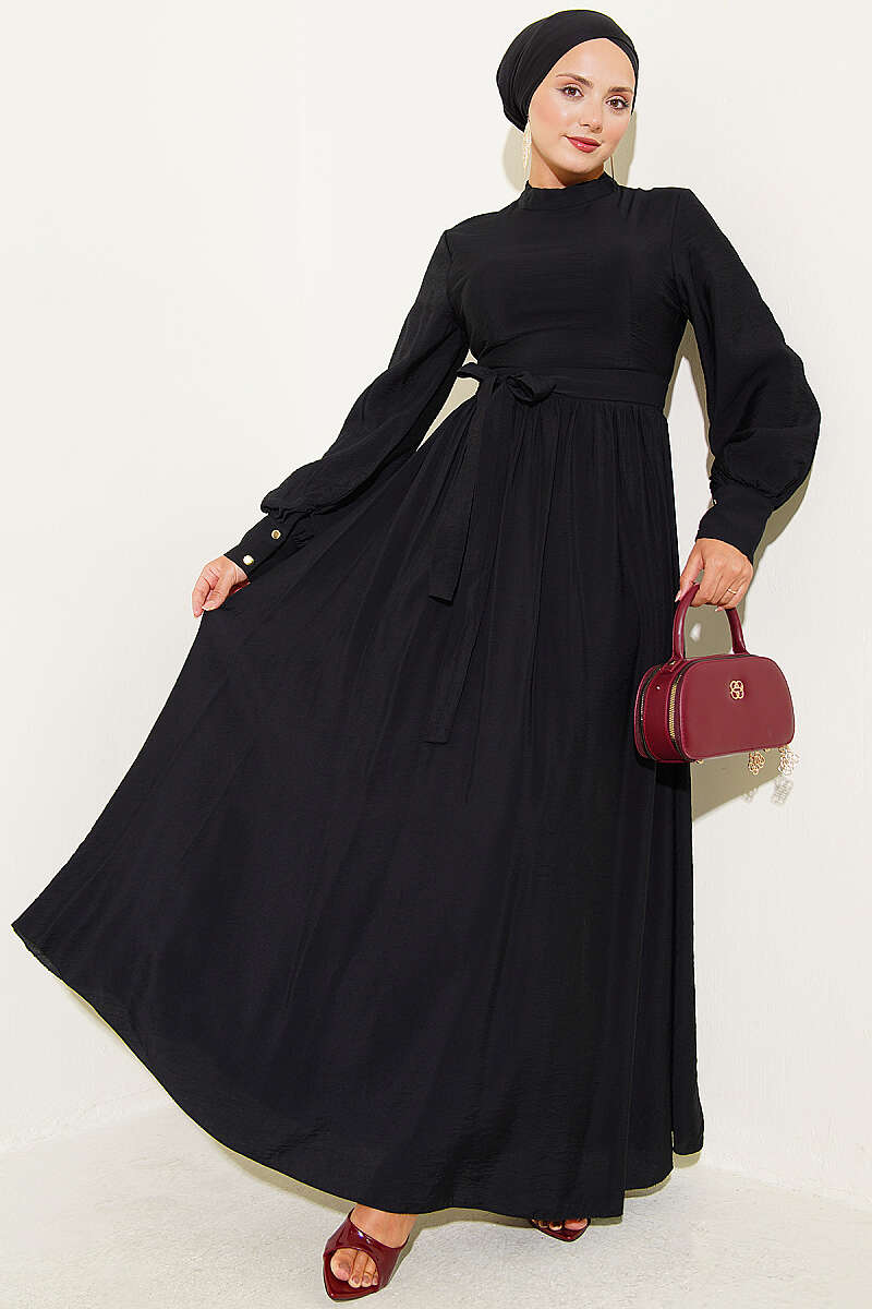 Belted Flared Dress with Cuffed Sleeves - Black