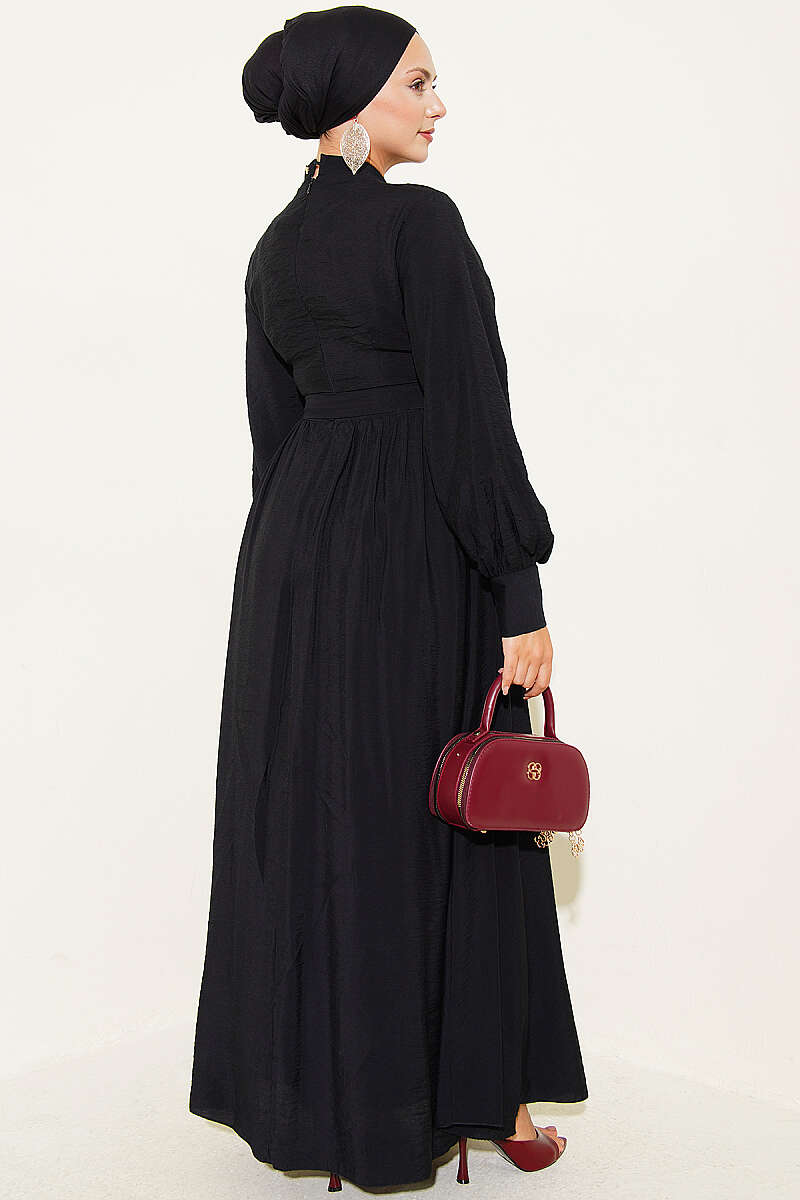 Belted Flared Dress with Cuffed Sleeves - Black
