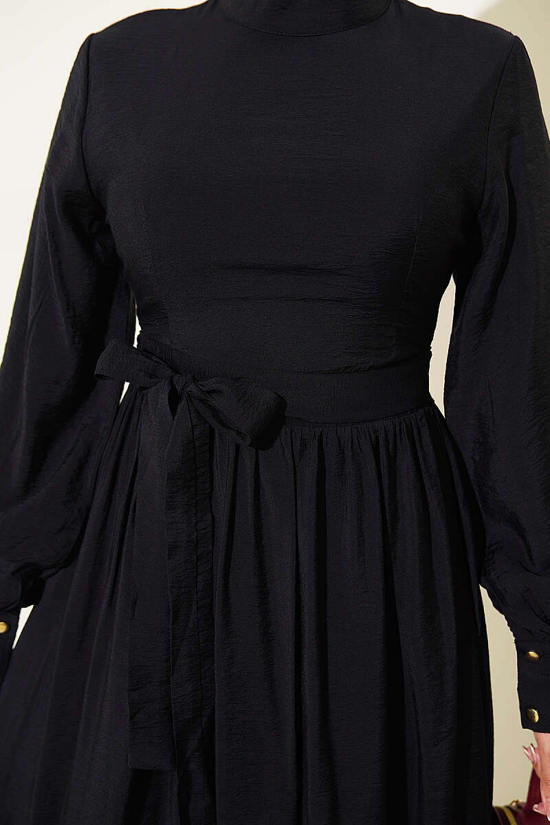 Belted Flared Dress with Cuffed Sleeves - Black