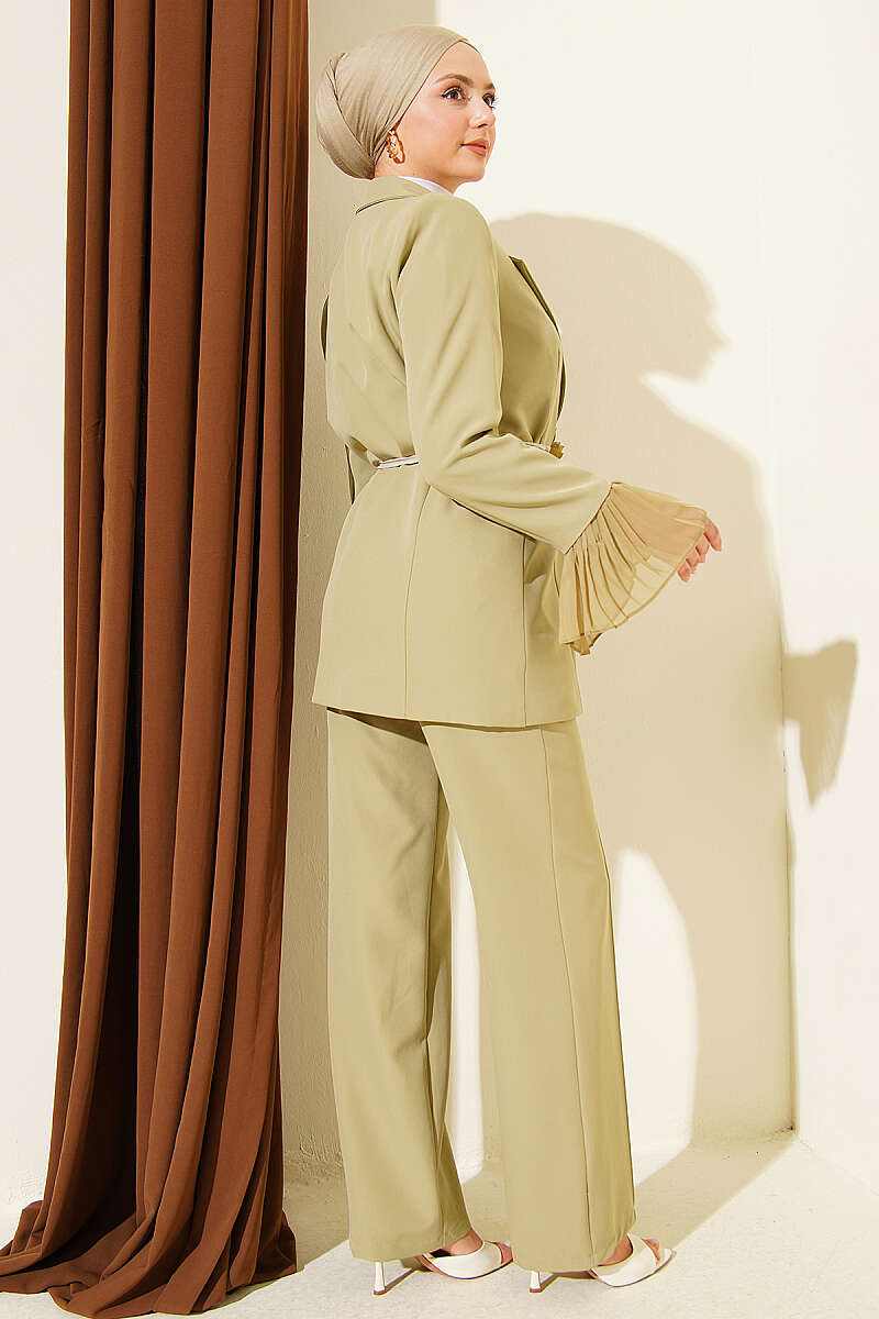 Blazer Set with Flower Brooch and Pleated Cuffs - Almond Green