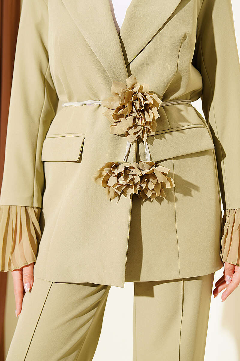Blazer Set with Flower Brooch and Pleated Cuffs - Almond Green