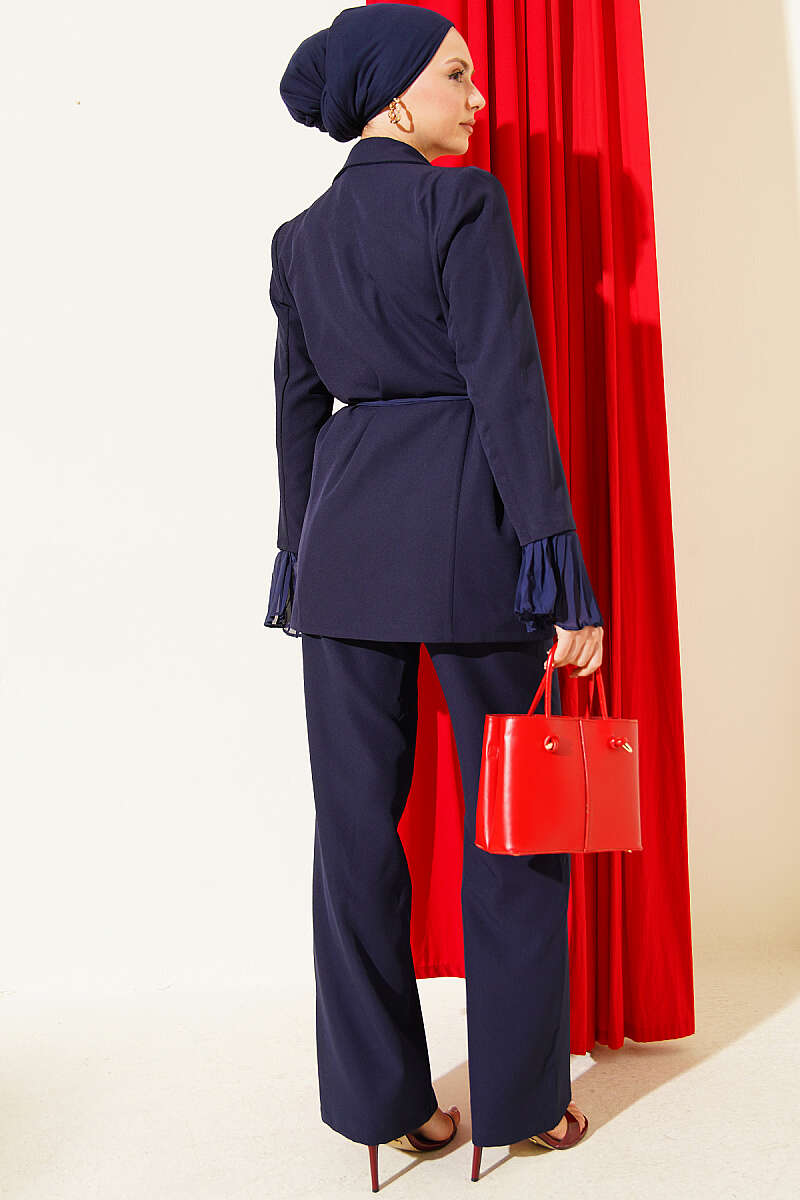 Blazer Set with Flower Brooch and Pleated Cuffs - Navy