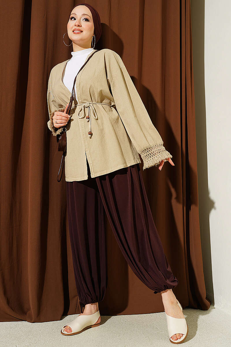 Linen Kimono with Tasselled Cuffs - Beige